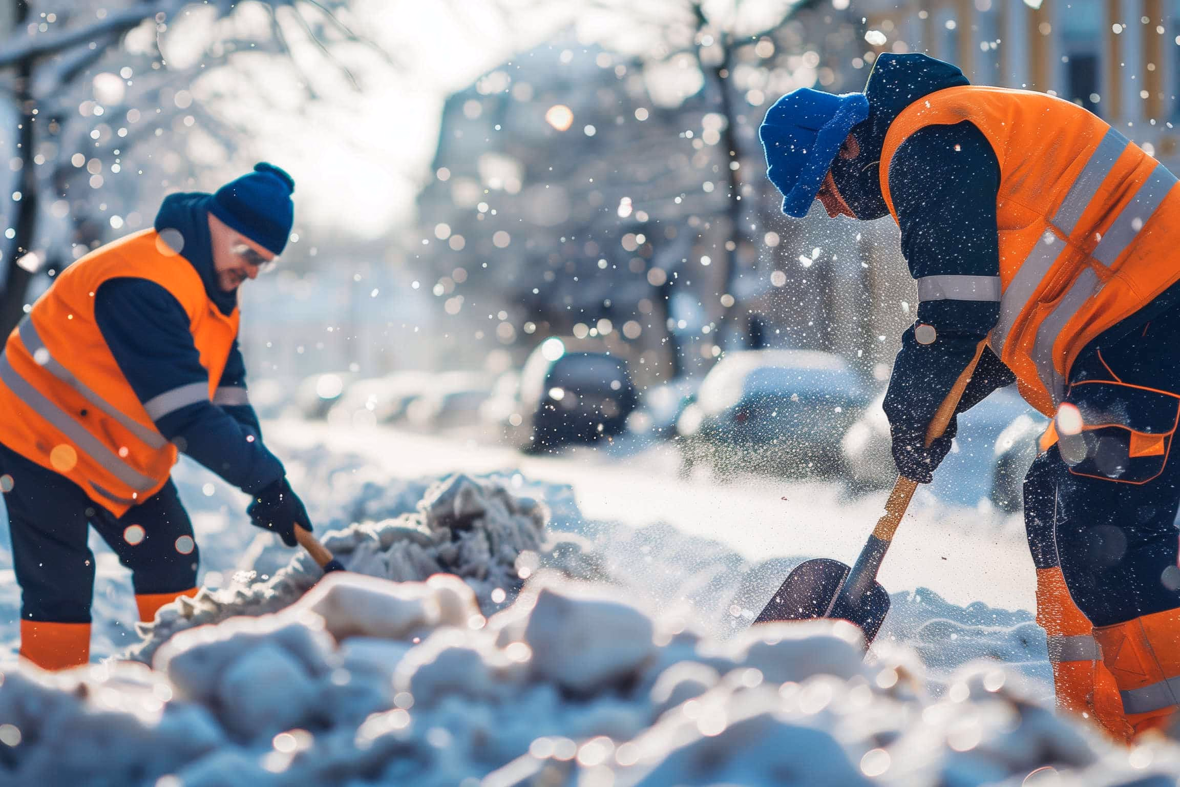 Winterdienst: zwei Mitarbeiter räumen Schnee vom Gehweg