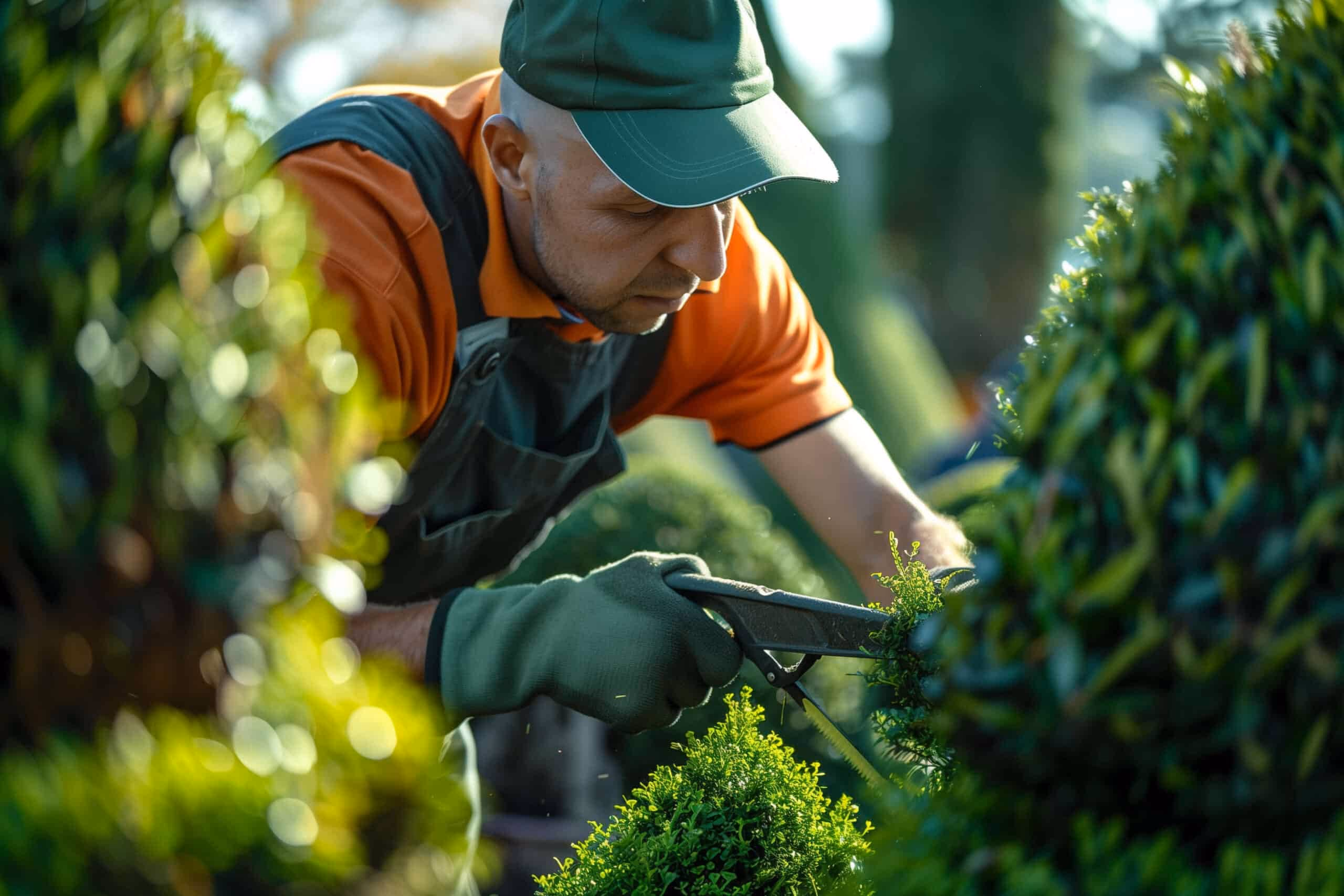 Gärtner beim Heckenschnitt mit der Gartenschere