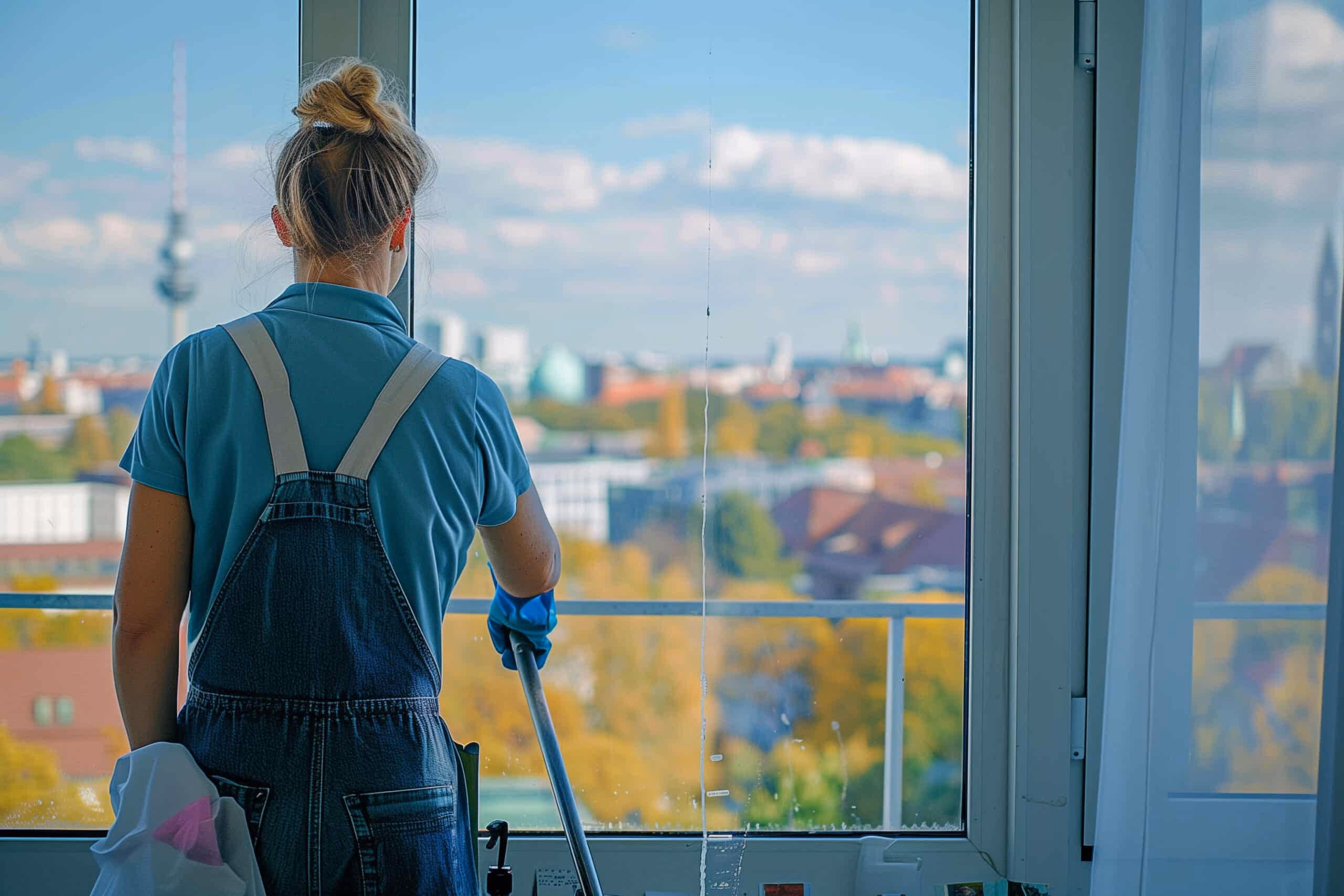 Reinigungskraft putzt ein großes Fenster mit Blick über Leipzig