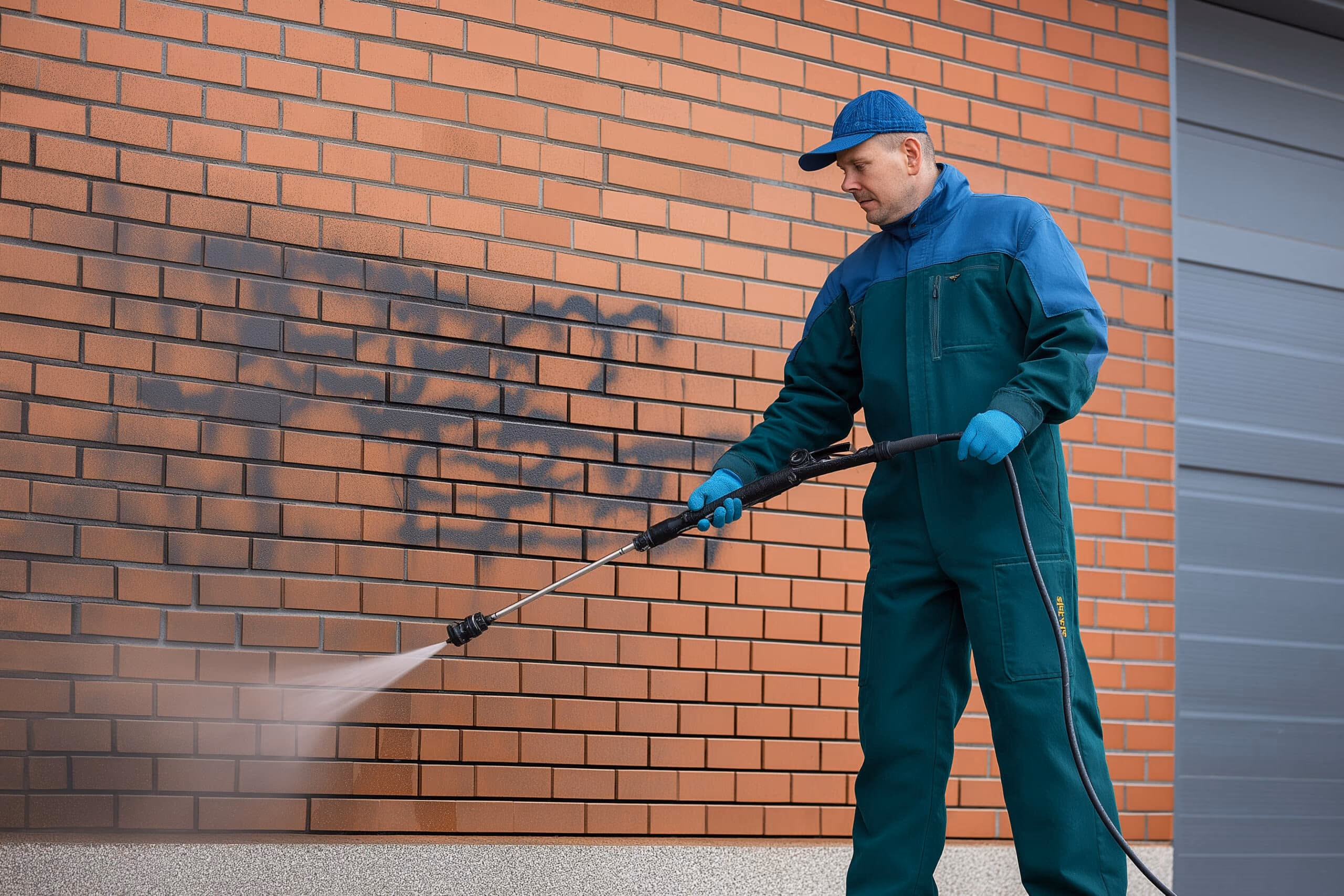 Graffitientfernung an einer Klinkerfassade mit dem Hochdruckreiniger